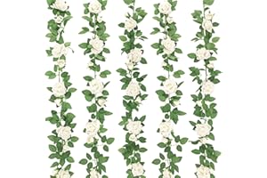 ZIFTY 5Pcs 32.5FT White Flower Garland Fake Vines Faux Artificial Floral Garland for Wedding Decortions Hanging Rose Ivy for Arch Garden Ceremony Background Outdoor Wall Decor