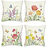 Bonhause Spring Floral Throw Pillow Covers 18x18 Set of 4 Garden Flower Butterfly Outdoor Decorative Pillows Case Polyester Linen Cushion Covers for Couch Sofa Outdoor Patio Decor