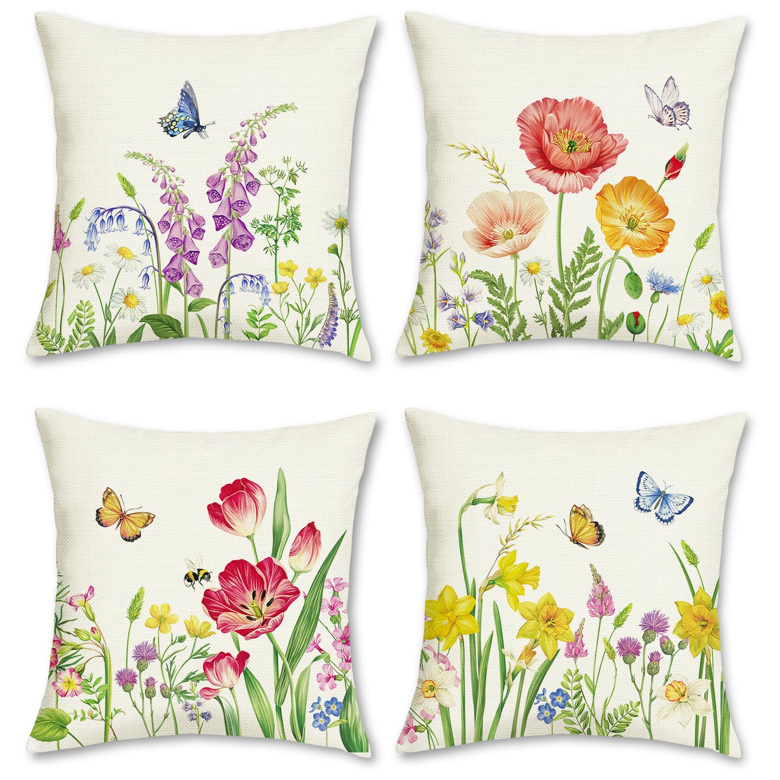 Bonhause Spring Floral Cushion Covers 45 x cm Garden Flower Butterfly Decorative Throw Pillow Polyester Linen Pillowcases for Sofa Couch Patio Decor Set of 4, 18 Inch, (BHP0064B)