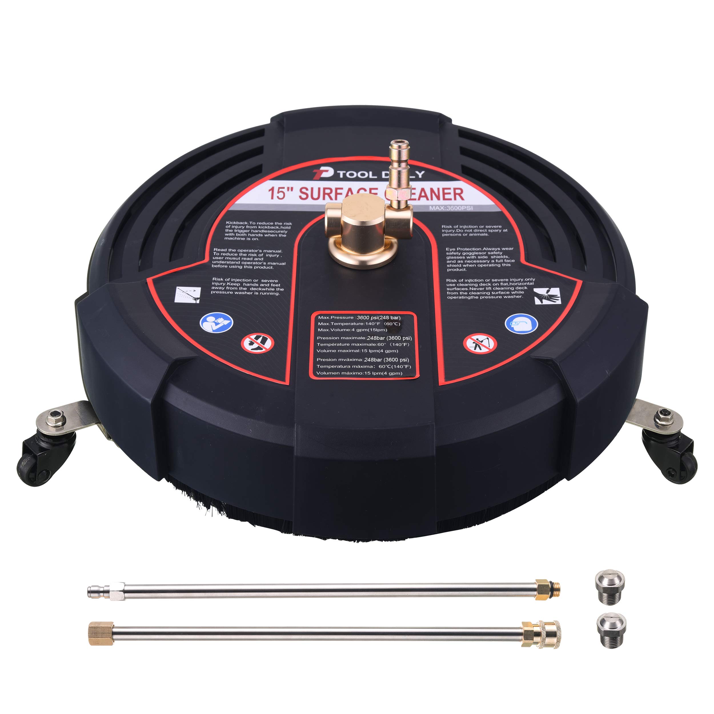 Tool Daily 15 Inch Pressure Washer Surface Cleaner Attachment with Wheels, with 2 Power Washer Extension Wands and 2 Replacement Nozzles, 3600 PSI, Black