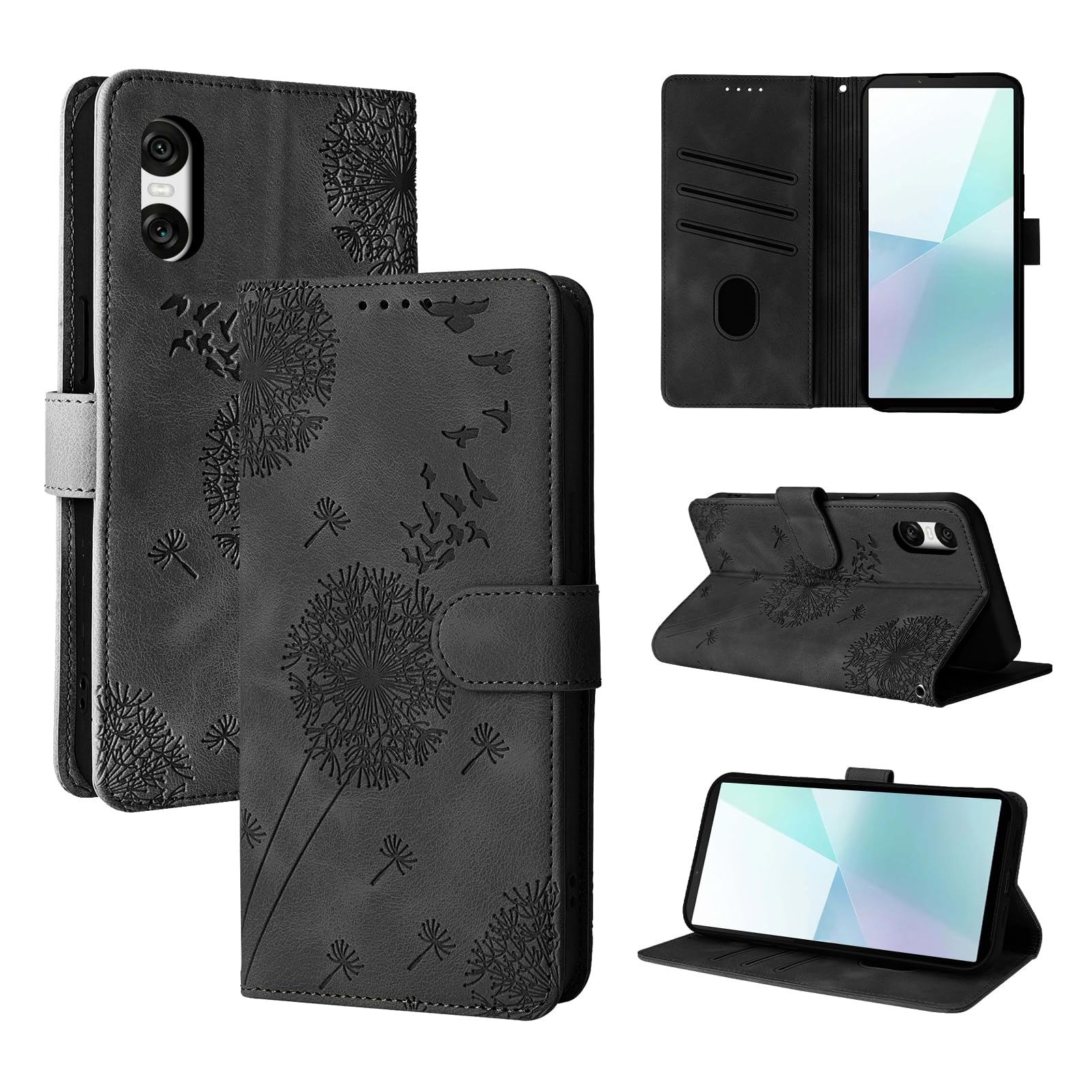 Rostsant Case for Sony Xperia 10 VI 5G Dandelion Cover Premium PU Leather Flip Phone Case Wallet Card Slots Protective Cover for Sony Xperia 10 VI 5G Black