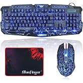 BlueFinger Gaming Keyboard and Mouse,USB Wired Backlit Gaming Mouse and Keyboard Combo,Letters Glow, 3 Color Crack Backlit,Illumination Keyboard and Mouse Set for Game and Work