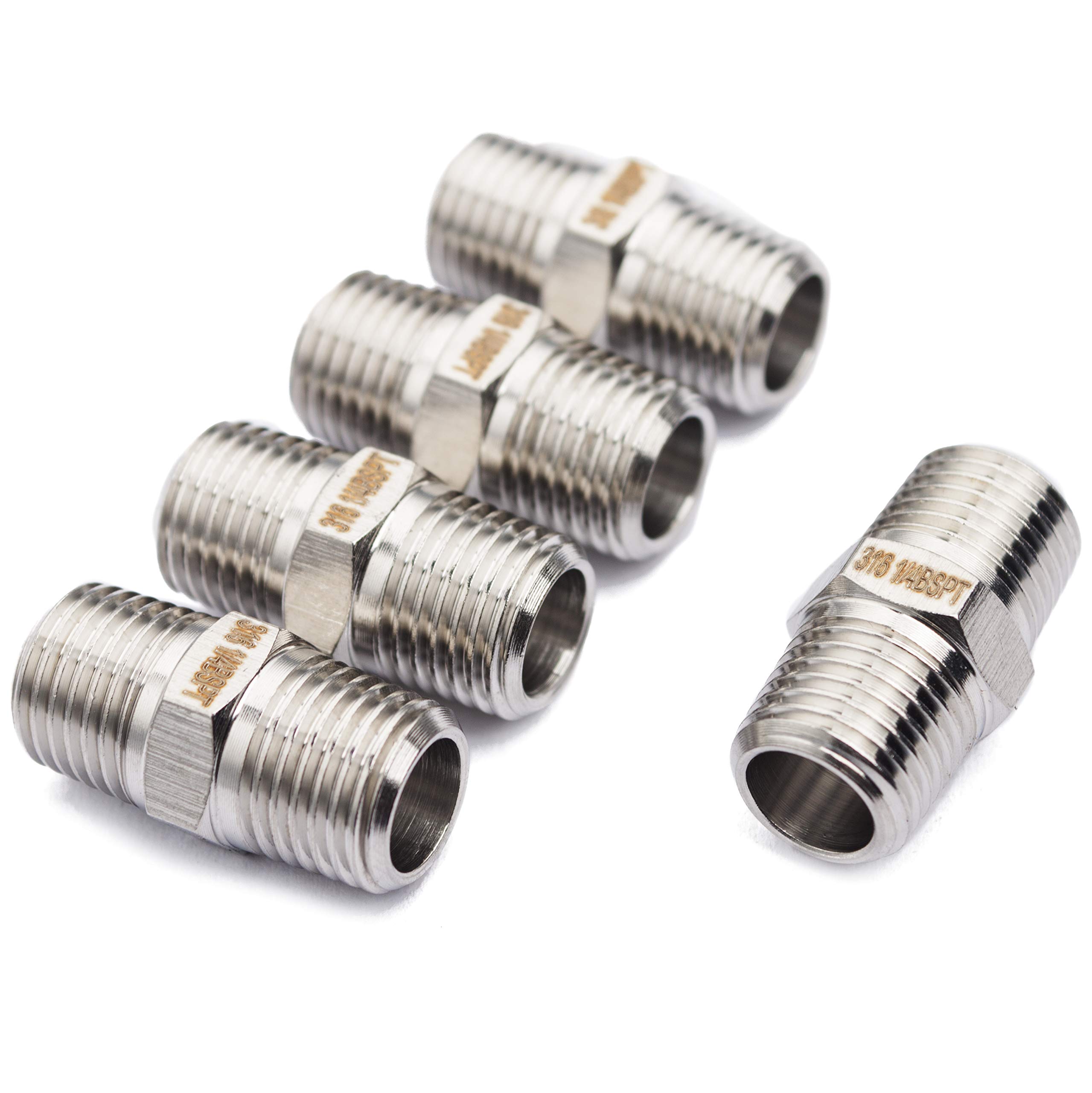 LTWFITTING Stainless Steel 316 Pipe Hex Nipple Fitting 1/4" Male BSPT Air Fuel Water (Pack of 5)