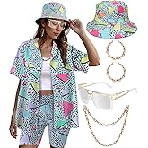 80s 90s Outfit for Women Retro Theme Party Disco Outfit Hip Hop Costume Button Up Blouse Tops Hawaiian Short Sleeve 6PCS