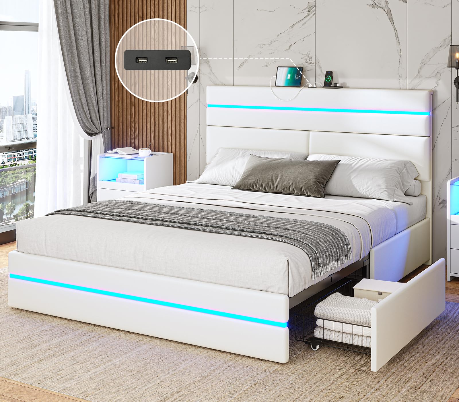 AOGLLATI Full Size Bed Frame with Storage headboard Drawers Charging ...