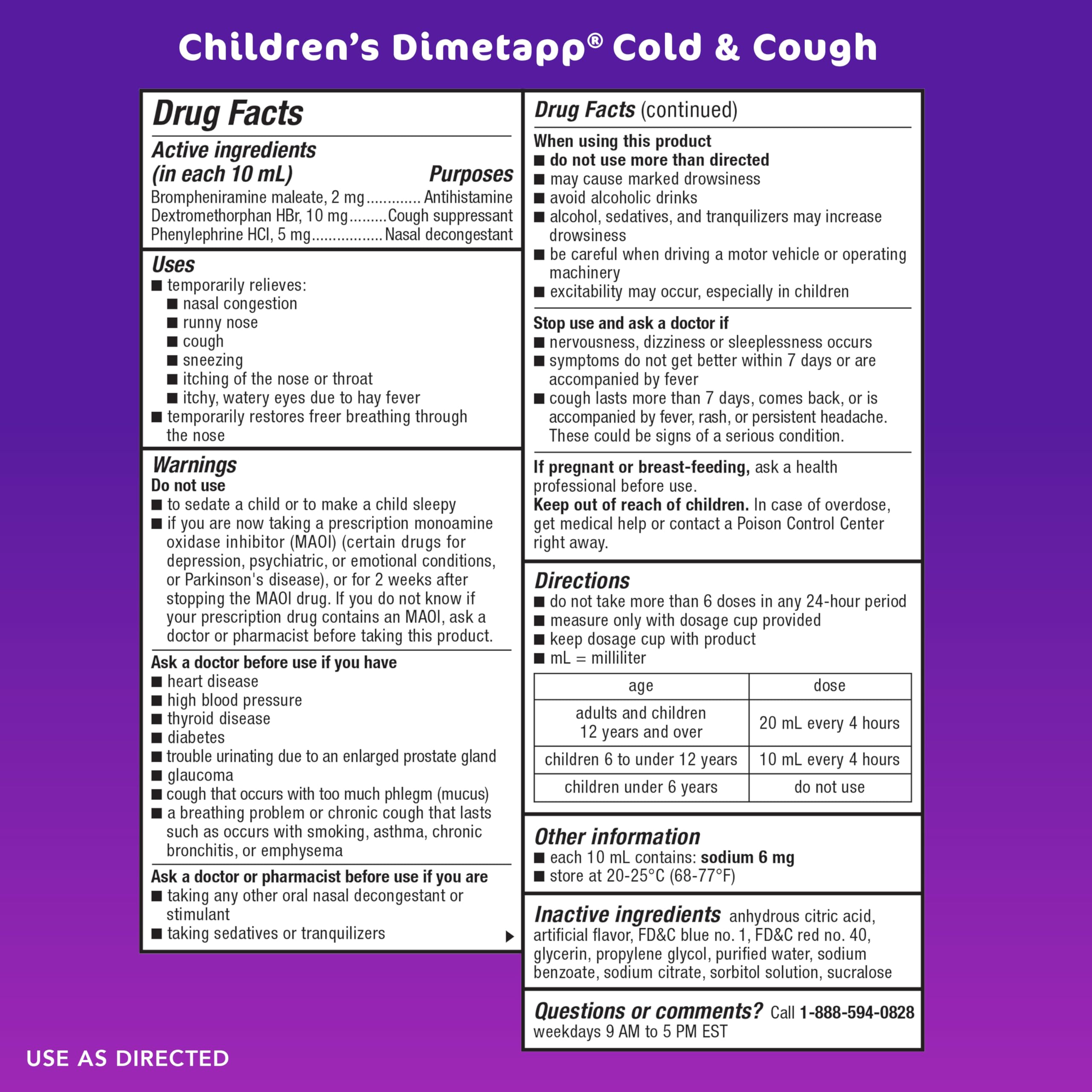 Children's Dimetapp Cold and Cough, Stuffy Nose, Runny Nose, Sneezing, Itchy & Watery Eyes, Cough, Antihistamine, Alcohol-Free, Liquid Syrup, Grape Flavor, 4 Fl Oz (Pack of 3)