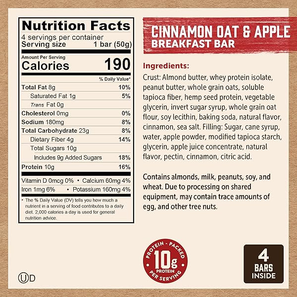 KODIAK SOFT BAKED SANDWICH BREAKFAST BAR, CINNAMON OAT & APPLE, HIGH PROTEIN, 100% WHOLE GRAINS, 1 BOX WITH 4 BARS EACH (4 BARS TOTAL)