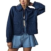 Kedera Womens Denim Jacket Casual Long Sleeve Peter Pan Collar Denim Shirts Tie Front Shacket Loose Fit Top