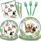 96Pcs Jungle Birthday Party Plates and Napkins Safari Animals Themed Party Decorations Jungle Theme Party Disposable Tableware Set for 24 Guests Wild Animals Gold Safari Zoo Birthday Favors Supplies