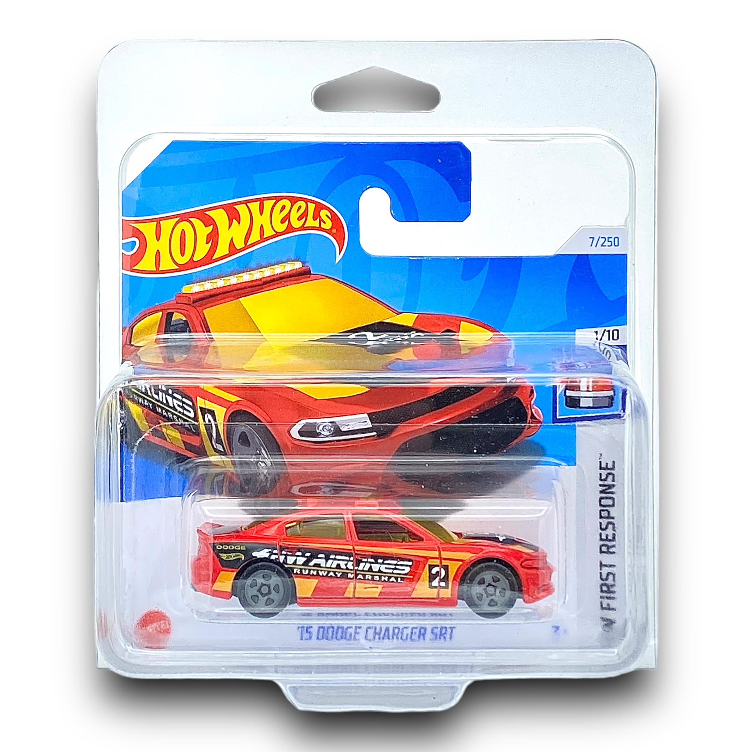 Hot Wheels '15 Dodge Charger SRT (Red, Black & Orange) 1/10 HW First Response - 2024-7/250 (Short Card) - COMES IN A KLAS CAR KEEPER SHORT CARD PROTECTOR CASE - HTB56