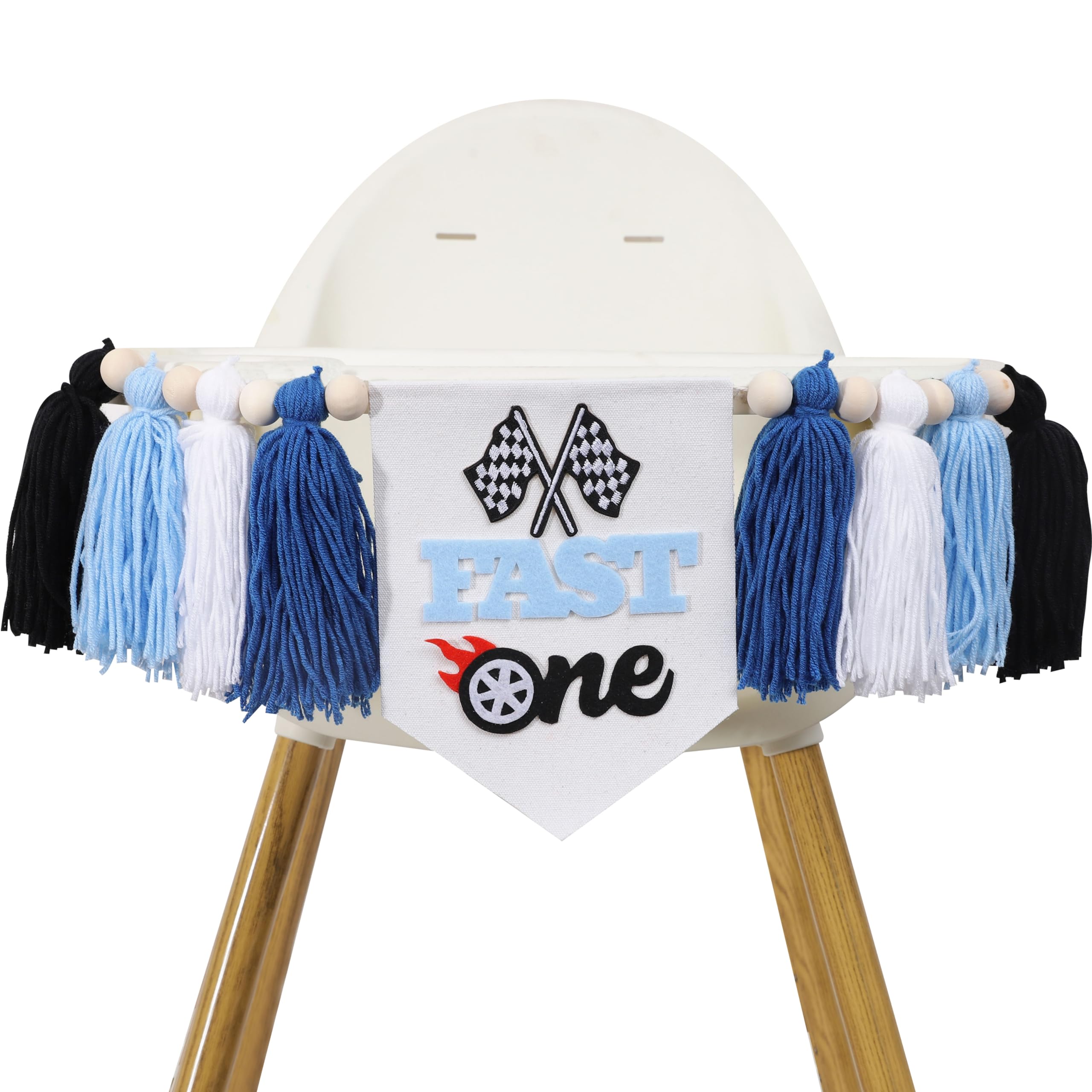 Photo 1 of Fast One 1st Birthday High Chair Banner - Race Car Blue Tassel Highchair Decor for Boys, My First Lap Birthday Decor