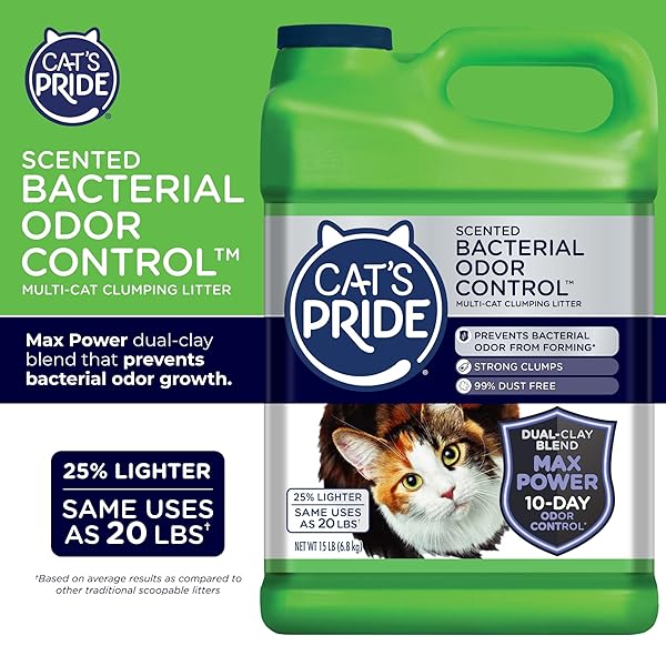CAT’S PRIDE MAX POWER: BACTERIAL ODOR CONTROL – UP TO 10 DAYS OF POWERFUL ODOR CONTROL – STRONG CLUMPING – 99% DUST FREE – MULTI-CAT LITTER, FRESH SCENTED, 15 POUNDS