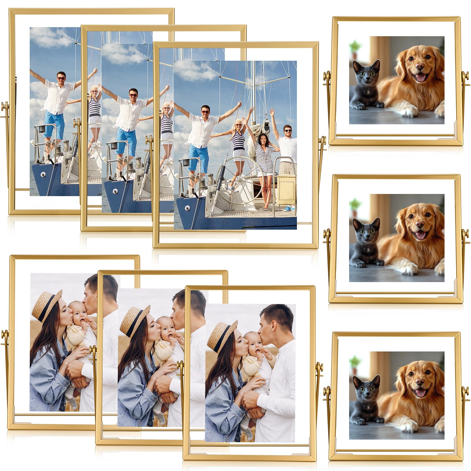 Photo 1 of Treela 9 Pieces 4 x 4, 4 x 6, 5 x 7 Inch Picture Floating Frames Metal Glass Photo Vintage Brass Frames Vertical Geometric Desk Decorations(Gold)