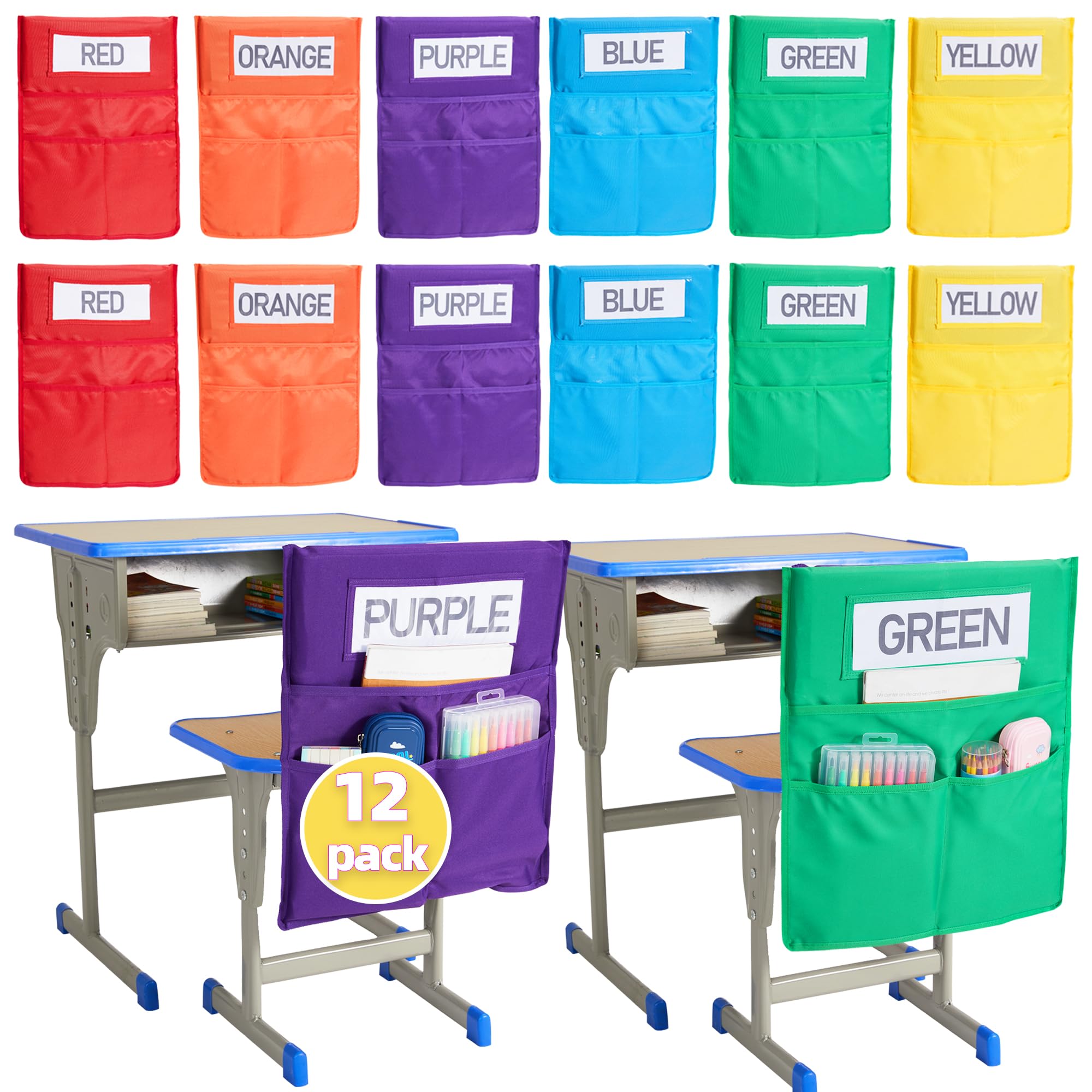 Photo 1 of moopok 1/18 Pack Chair Pockets for Classrooms K-2 Chairback Buddy Pocket Chart with 3 Pockets and 1 Student Name Tag, Chair Bags Classroom Student Chair Pockets Organizer