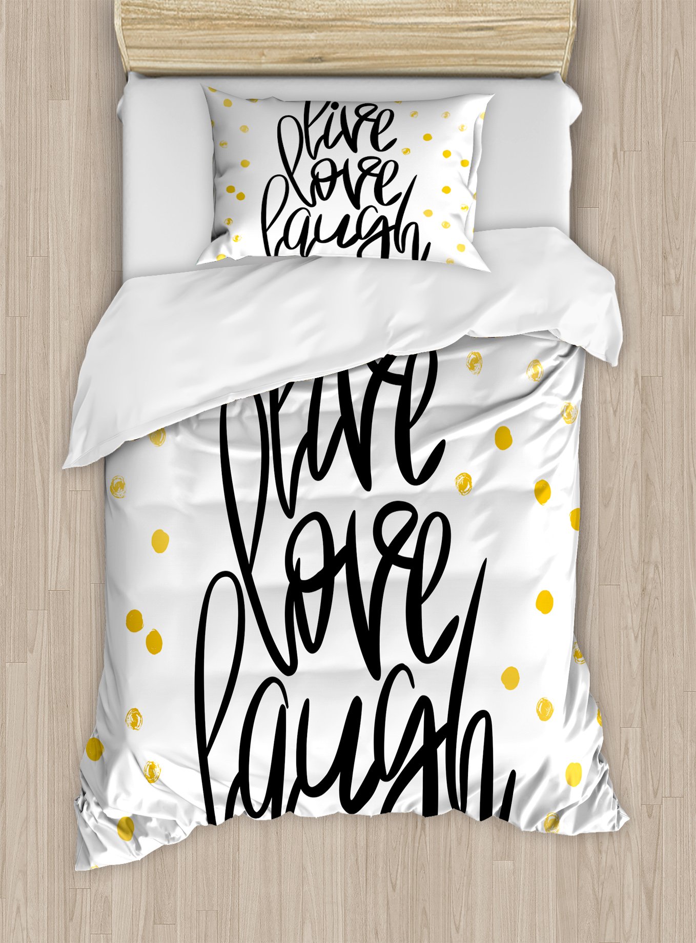 Ambesonne Live Laugh Love Duvet Cover Set, Hand Lettering on Dotted Backdrop Inspirational Phrase, D