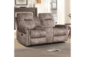 EBELLO Manual Recliner Loveseat Sofa, 2 Seater Reclining Couch Chair with Center Console, Hidden Storage and Cup Holders, Vintage Rivet Mid-Century Design for Living Room, Meeting Room, Brown