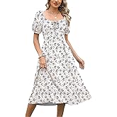 Caracilia Women Summer Casual Midi Dress Puff Short Sleeve Square Neck Floral Wedding Guest Party Graduation Dress