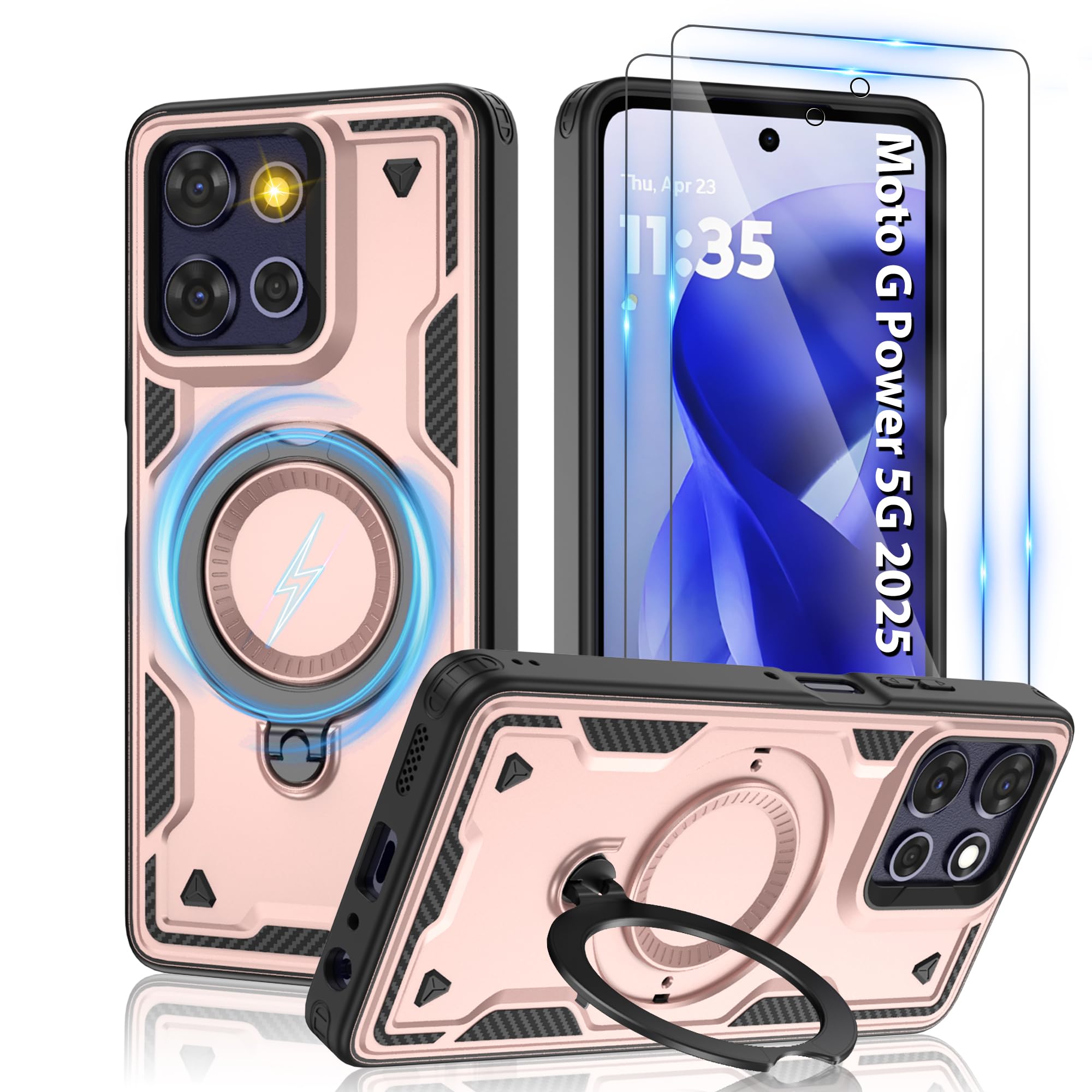 for Moto G Power 5G 2025 Magnetic Case,Compatible with MagSafe & [HD Screen Protector×2],Metal Rotated Kickstand,Military Grade Drop Proof Anti-Fingerprint Protective,Moto G Power 5G 2025,Rose Gold