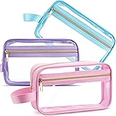 Pinkunn 3 Pieces Clear Cosmetic Bags with Zipper for Travel Toiletry Tsa Approved Toiletry Makeup Bags with Handles Small Clear Makeup Pouches Fit Carry-on Travel Essentials(Blue, Purple, Pink)