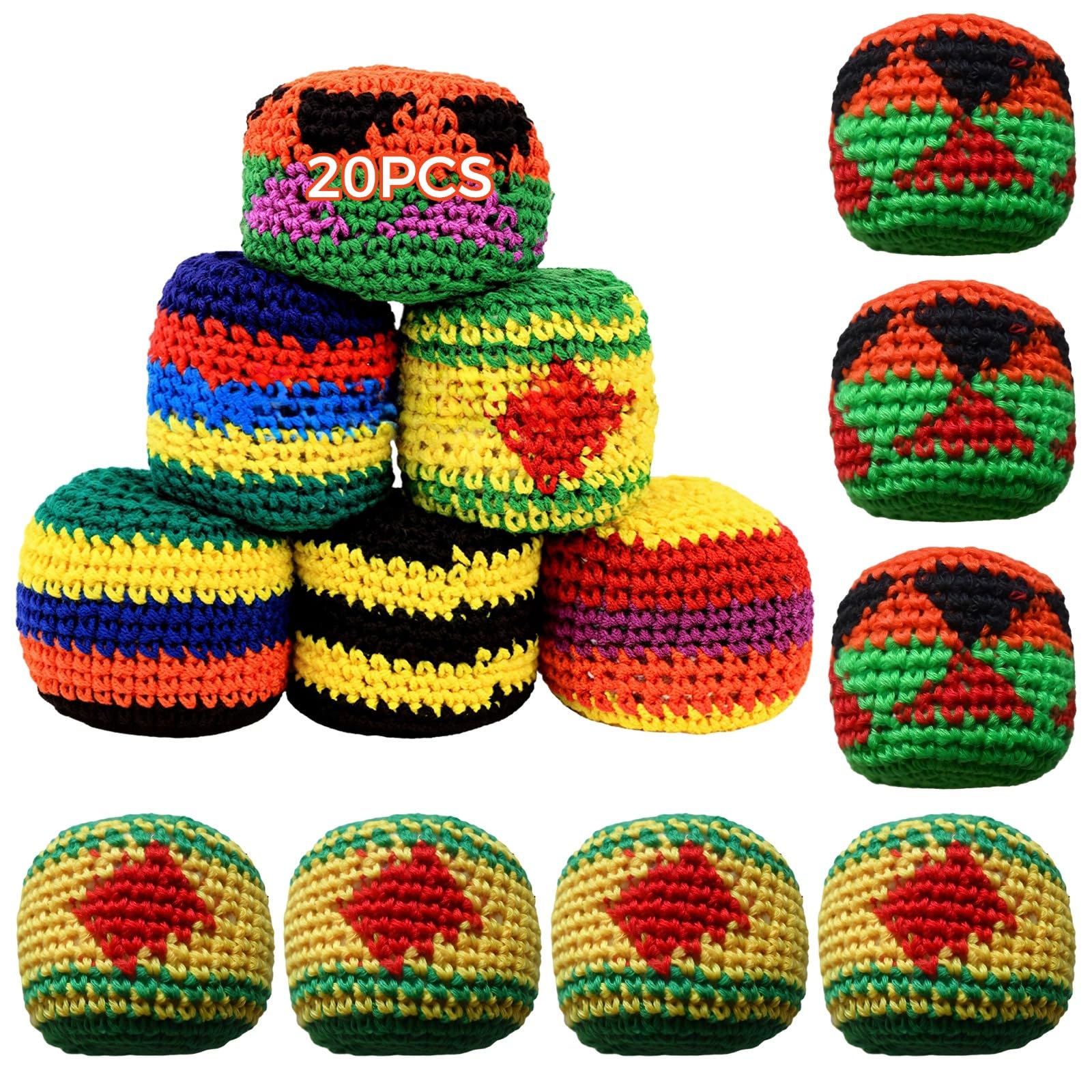 Packool 20PCS Hacky Balls Set, Crochet Knitted Design Colorful Juggling Sacks Kick Sacks for Adult Boys Girls Playing