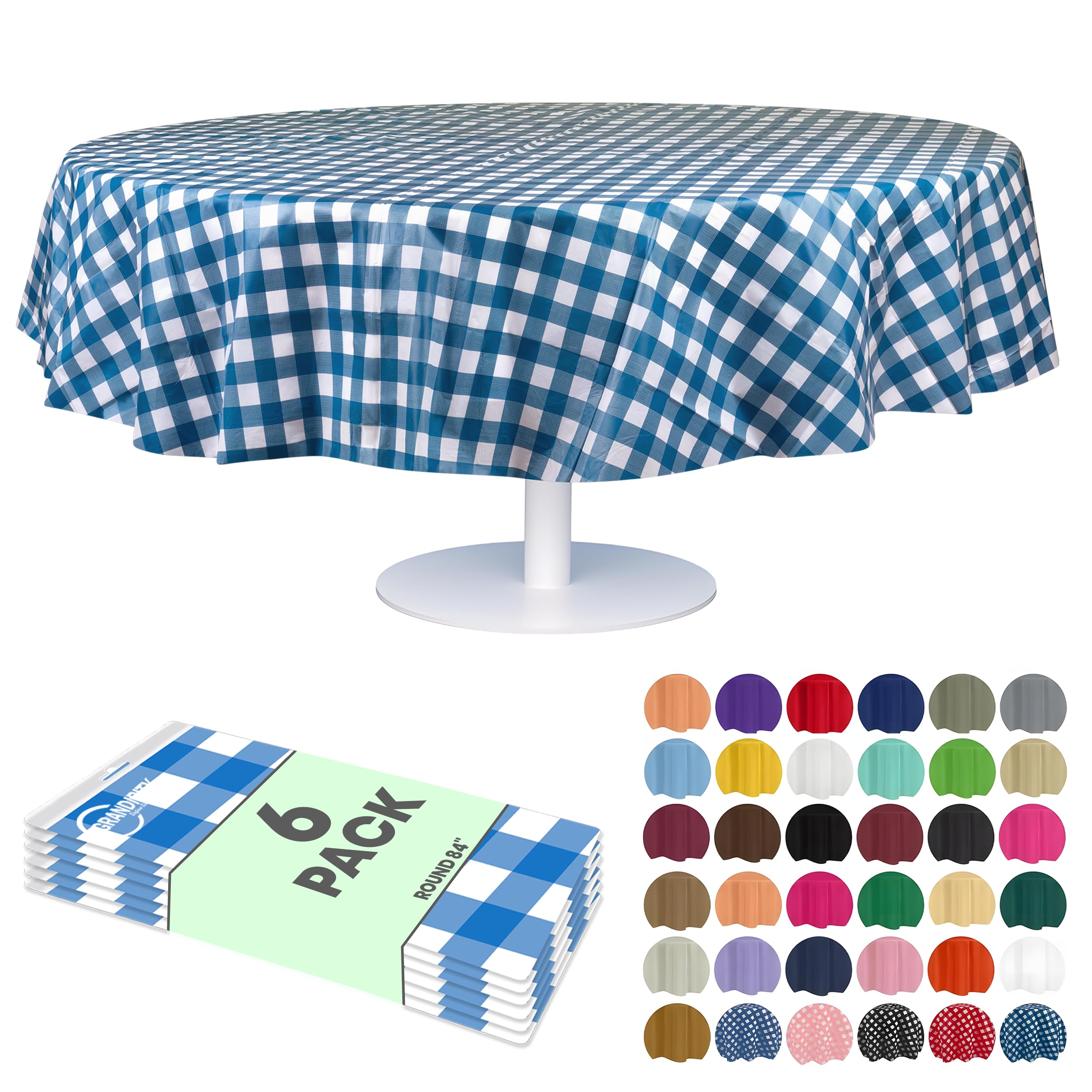 Grandipity Blue Gingham Checkered Plastic Table Cloth Disposable (6 Pk) 84in Round Tablecloth Premium Party Table Cloths Disposable - Perfect Table Cloth Round Cover for Any Table Up to 6 Feet