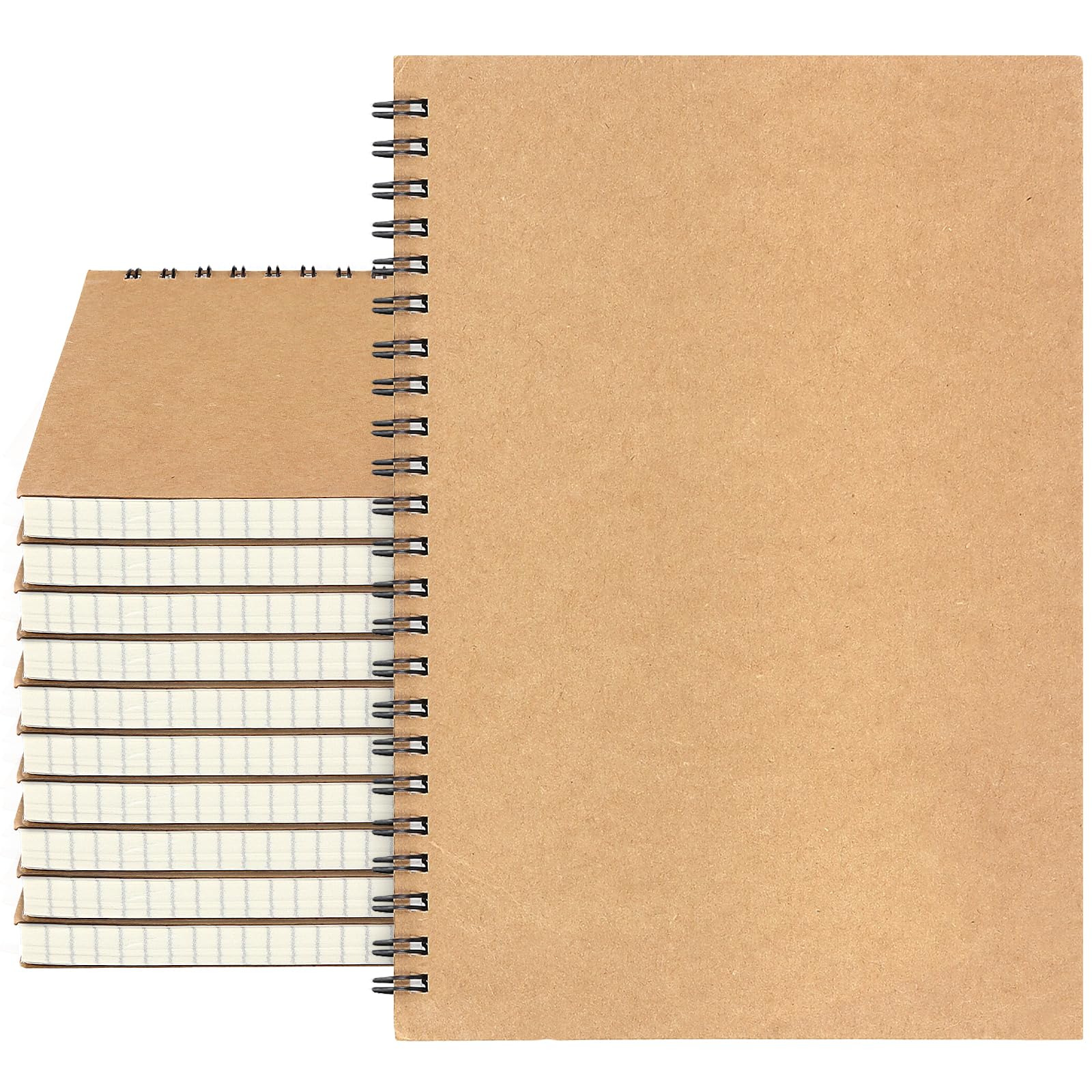 JEUIHAU 10 Pack A5 Grid Spiral Notebook, 120 Pages/60Sheets Kraft Cover Grid Notebook 80 gsm Squared Paper Notebook A5, Wirebound Notebooks Journals for Drawing, Writing, Planning, Note Taking