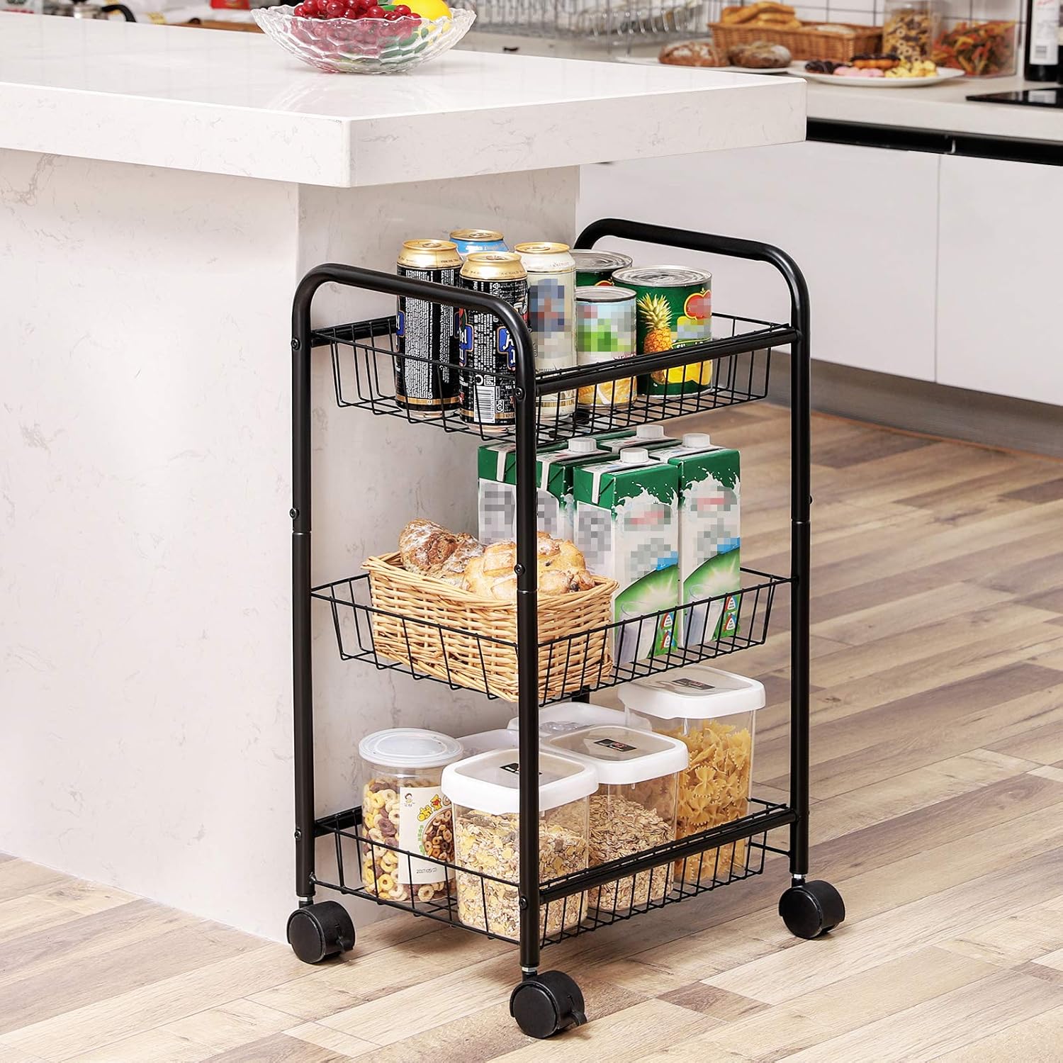 SONGMICS 3-Tier Metal Rolling Cart on Wheels with Baskets, Lockable Utility Trolley with Handles for Kitchen Bathroom Closet, Storage with Removable Shelves, Black UBSC03BK: Home & Kitchen
