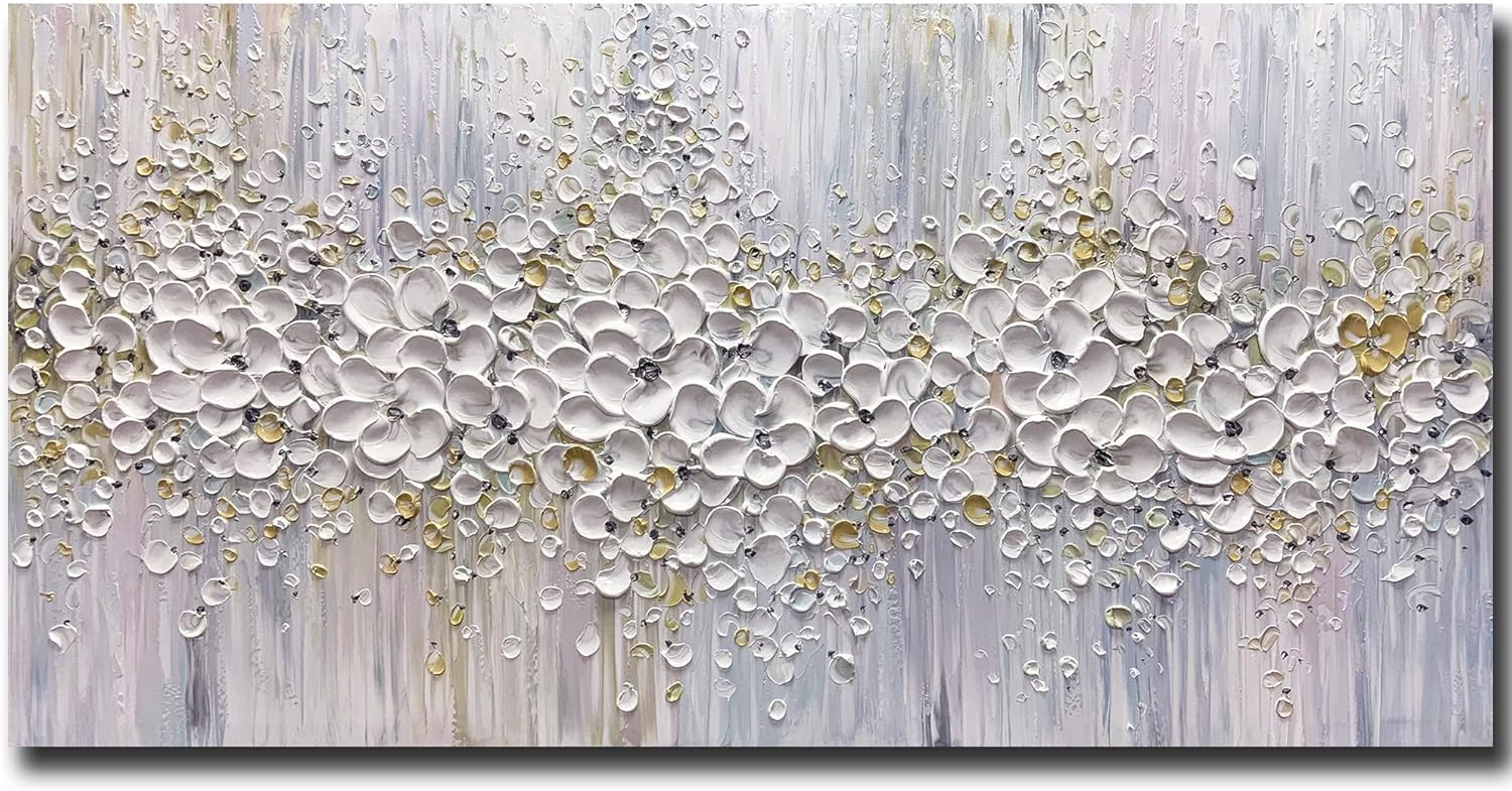 Paintings - ART8YUQI Paintings - Contemporary Abstract Art Oil Painting On Canvas Texture 3D White Flower painting Handmade Artwork Picture Canvas Wall Art Modern Home Decor living room Ready to Hang 24x48inch