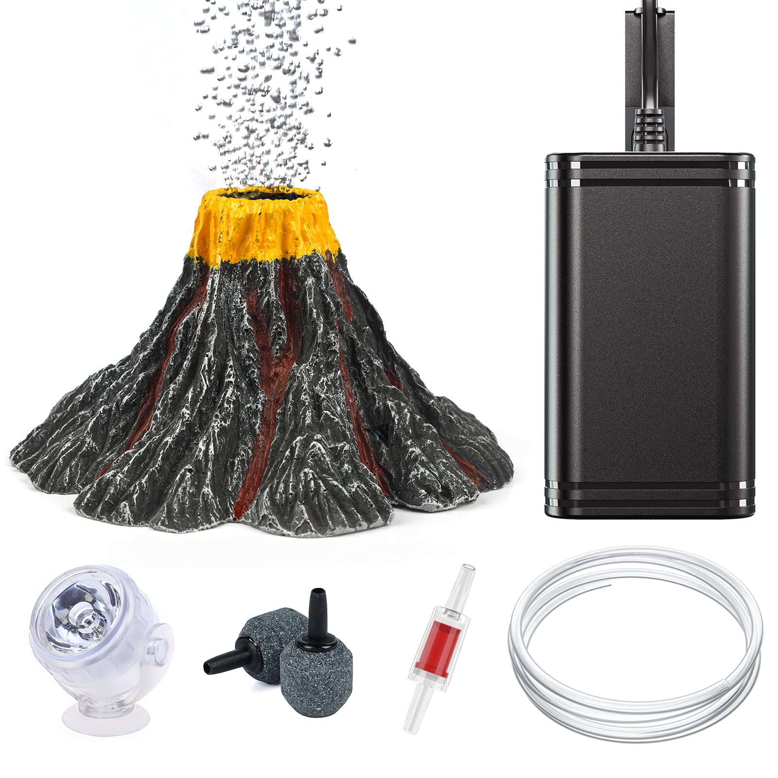 Photo 1 of Uniclife Aquarium Volcano Ornament Kit Volcanic Eruption Decoration with Mini Air Pump Red LED Spotlight Air Stone Bubbler Airline Tubing Check Valve Fish Tank Resin Decor for Landscape and Aeration