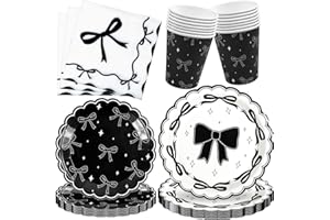 SINGOMON 80PCS Black Bow Birthday Decorations Bow Plates and Paper Napkins Dessert Plates Disposable Cutlery Set for Bachelor