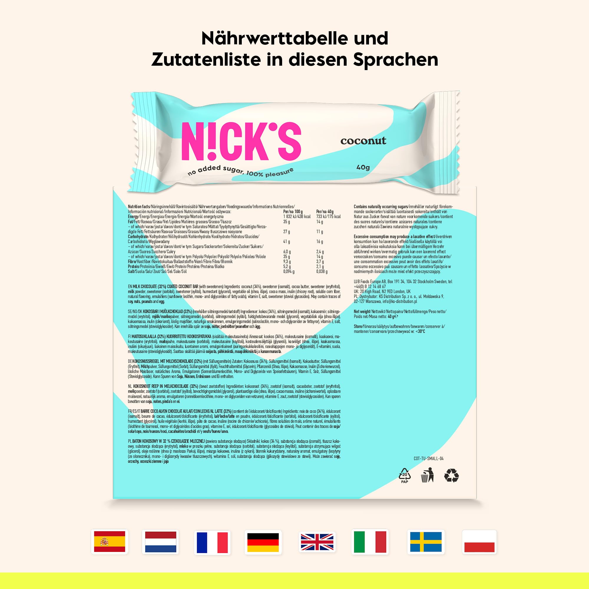 NICKS Keto Riegel Coconut, Schokolade Kokos Snacks, 175 Kalorien, 2 Net carbs, ohne Zuckerzusatz, Glutenfrei, Low carb Süssigkeiten (15x40g) 7