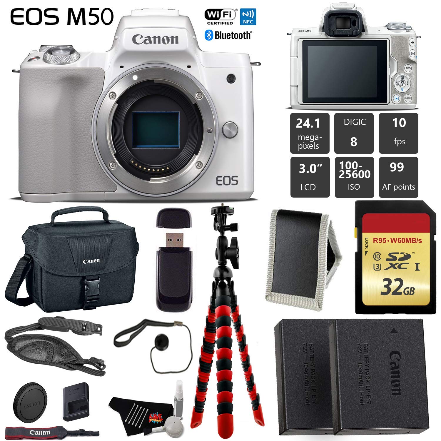 Canon EOS M50 Mirrorless Digital Camera (White, Body Only) + 32GB Class 10 Memory Card + LED + Canon