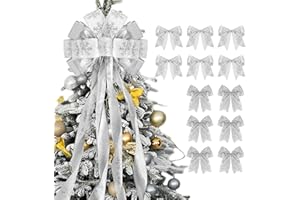 Utehilly 1 Large Christmas Tree Topper Bows and 12Pcs Small Wreath Bows Set Glitter Silver Snowflake Satin Wreath Bow for Christmas, Holiday Party, Indoor/Outdoor Home Decor, 47"x13"