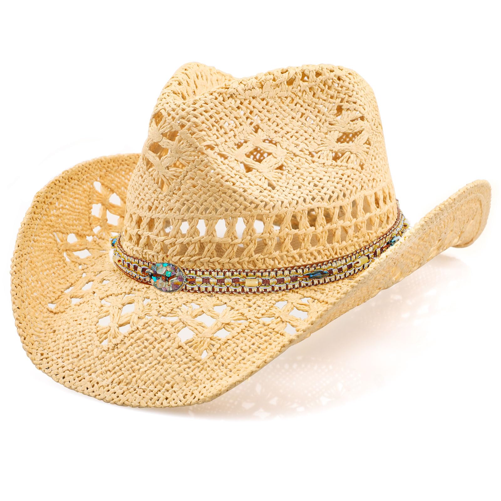 Photo 1 of WQWOVRVO Cowboy Hat,Cowgirl Hat,Cowboy Hats for Women/Mens/Straw Wide with Shapeable Brim Cowboy Hat for Womens/White/Black. (Beige + Chains)