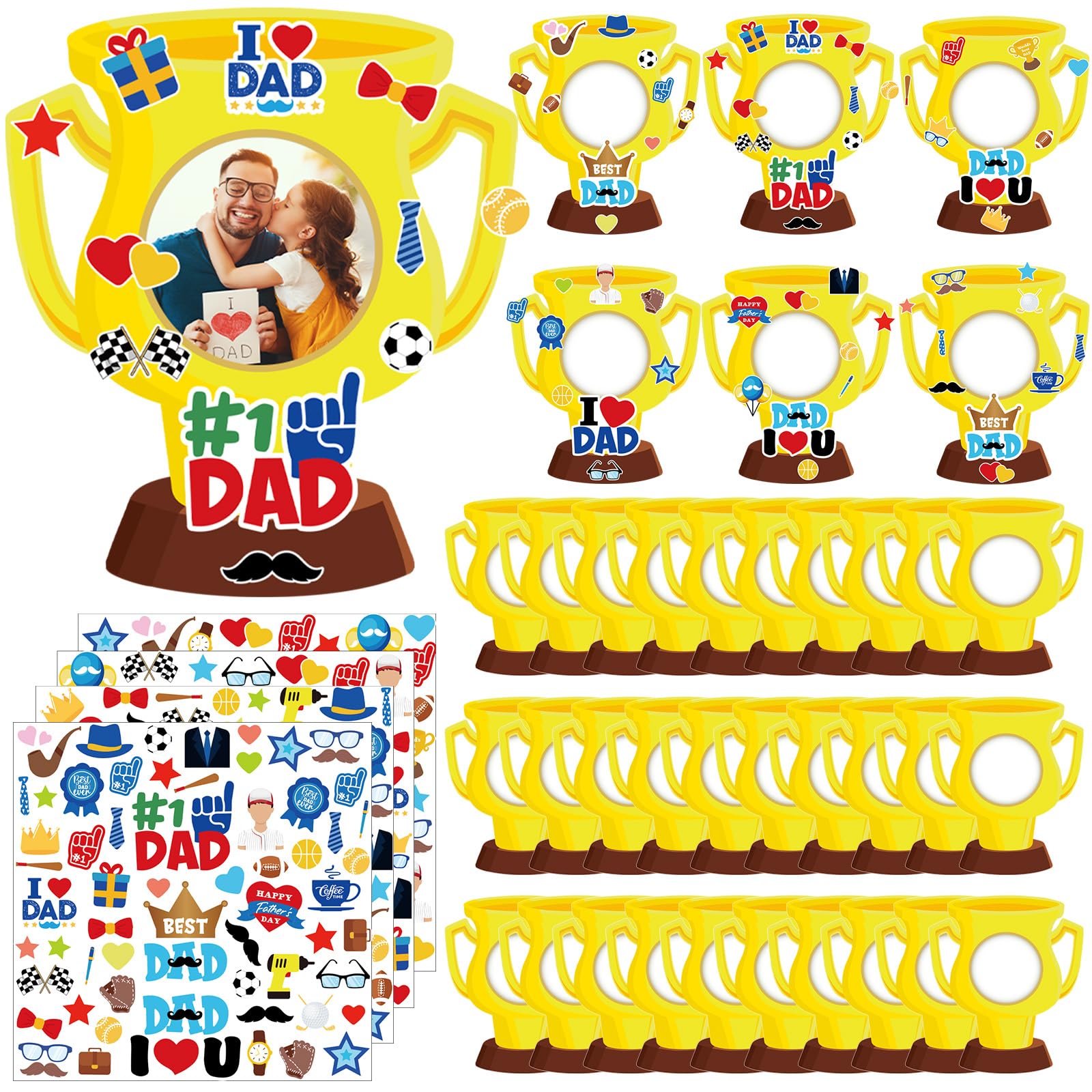 Photo 1 of Motipuns 80 Pcs Father's Day Picture Frame Craft Kits, Included 30 Pcs DIY Cardboard Photo Frame, 20 Pcs Father's Day Stickers and 30 Pcs Decorative White Ribbon for Game Activities (Trophy Shape)