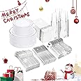 WDF Partyware 350 Pcs Christmas Silver Plastic Plates - Christmas Dinnerware Set of 50 Dinner Plates 50 Dessert Plates 50 Silverware 50 Napkins 50 Cups for Christmas&Party&Wedding