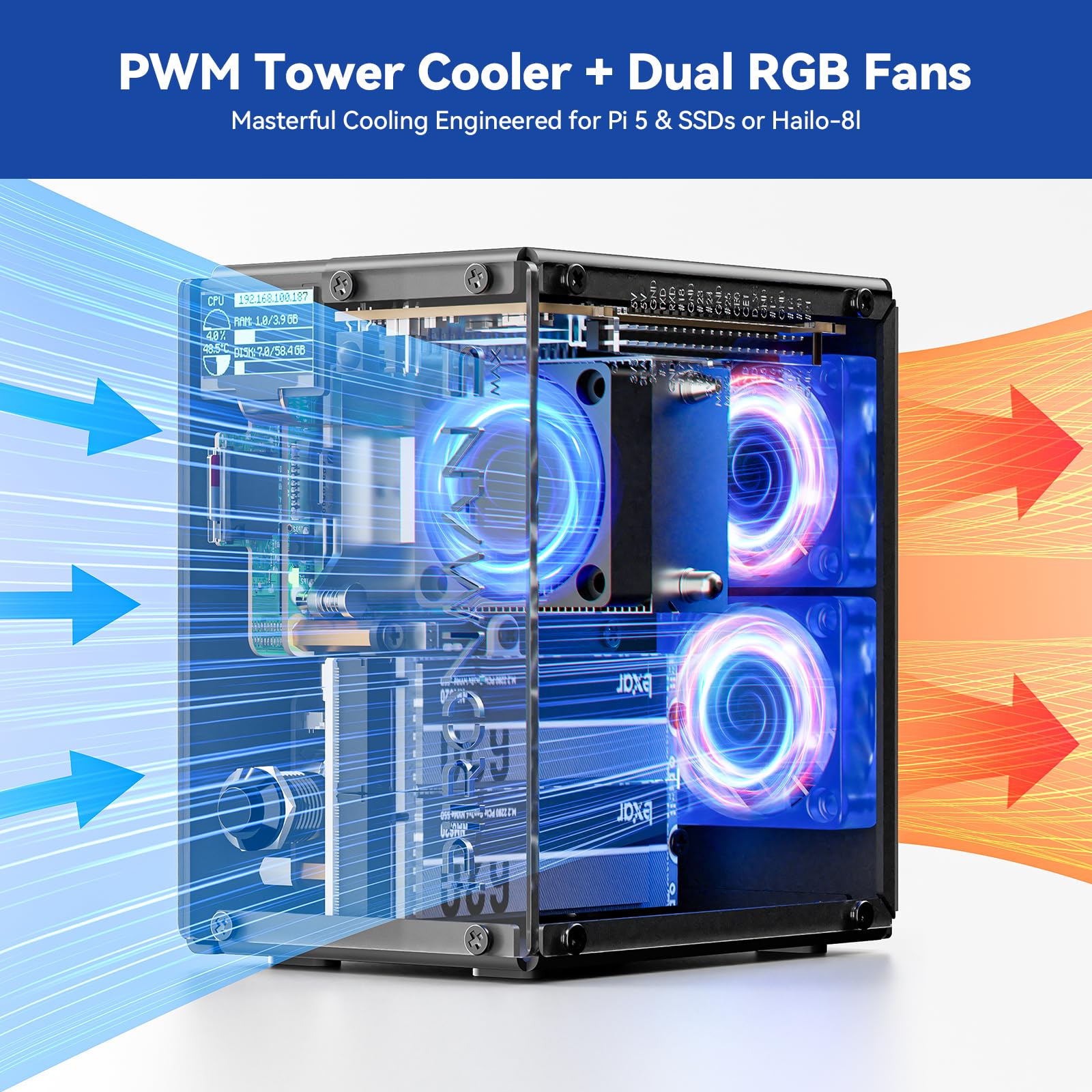Pironman 5-MAX Dual NVMe M.2 SSD PCIe PC Case for Raspberry Pi 5 NAS RAID 0/1 Hailo-8L AI Accelerator PWM Tower Cooler+Dual RGB Fans, 0.96