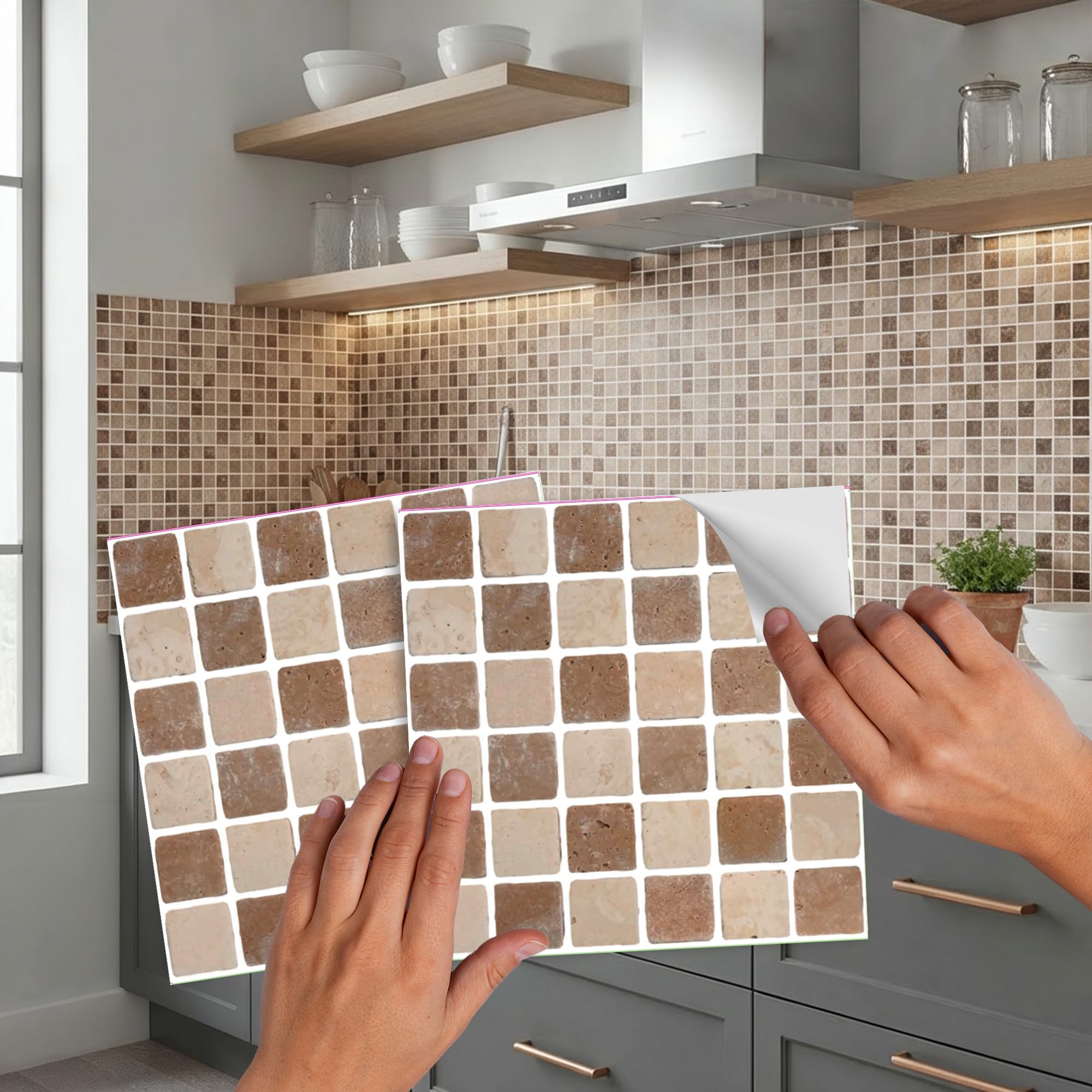 Pack of 20 Traditional Modern Art Tile transfers Stickers Peel and Stick backsplash Room Decor self Adhesive Oil Proof- Vintage Victorian Moroccan Black Cream Mosaic (Brown Stone)