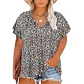 Halife Women's Plus Size Boho Tops Floral String V Neck Casual Summer Beach Blouses Shirts