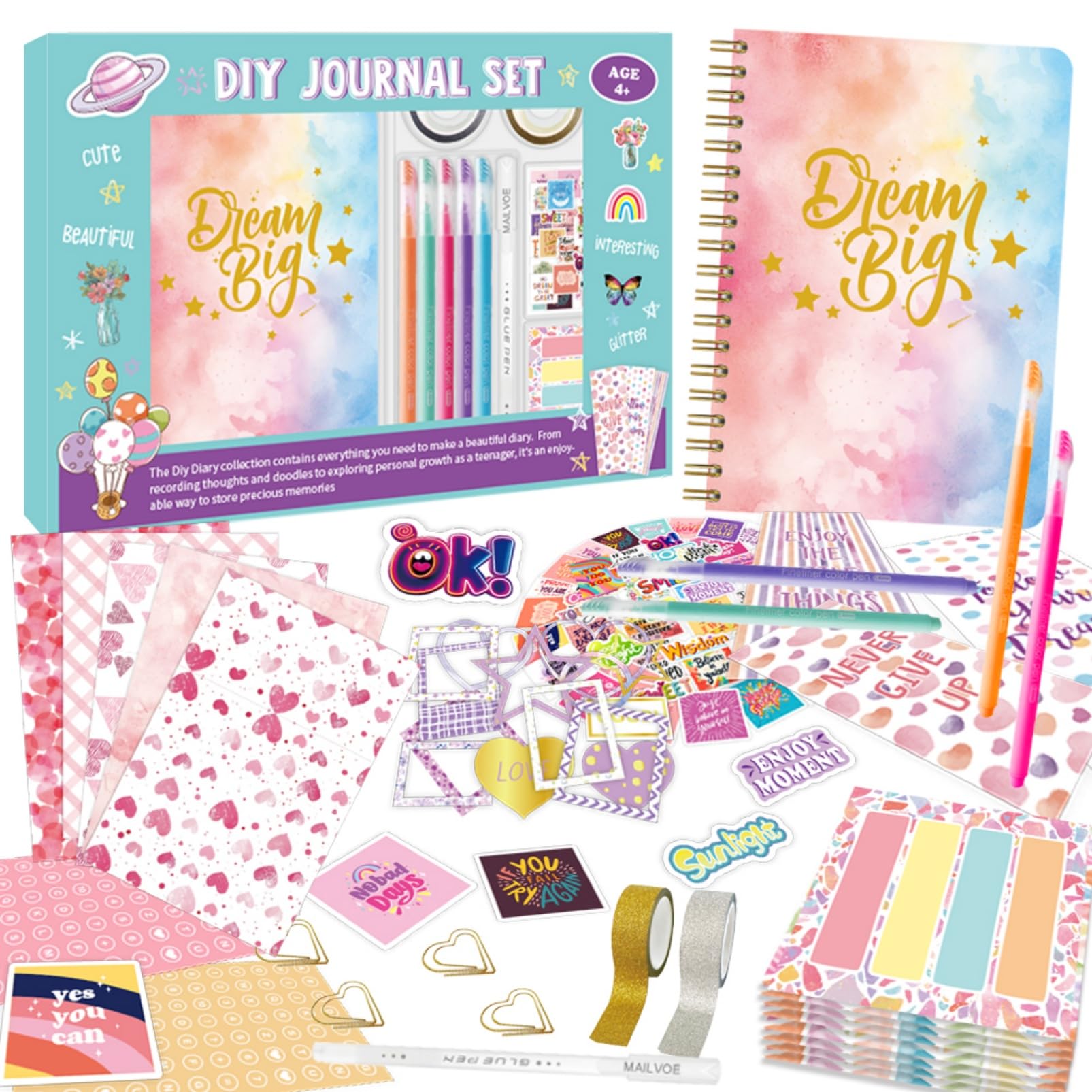 Donfulfip DIY Journal Set for Girls, Gift for Teenage Girl Christmas Gifts,Stationery Set for Girls Birthday Presents Age 4-12 Year Old, Art and Craft Set,Cultivates Happiness and Positive Habits