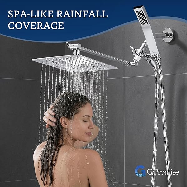 G-PROMISE ALL METAL 10″ DUAL SQUARE SHOWER HEAD COMBO | RAIN SHOWER HEAD | HANDHELD SHOWER WAND | ADJUSTABLE | SMOOTH 3-WAY DIVERTER | 71″ EXTRA LONG HOSE – A BATHROOM UPGRADE (CHROME)
