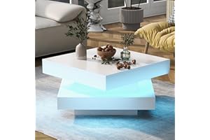Merax Square Rotating Coffee Table, High Gloss Coffee Table with 360°Swivel Top and Light, Double Layer Center Table Sofa Sid