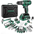 Green Drill Tool Kit Set: 20V Cordless Power Drill Tool Box with Battery Electric Drill Driver for Men Home Hand Repair Basic Toolbox Tools Sets Drills Case