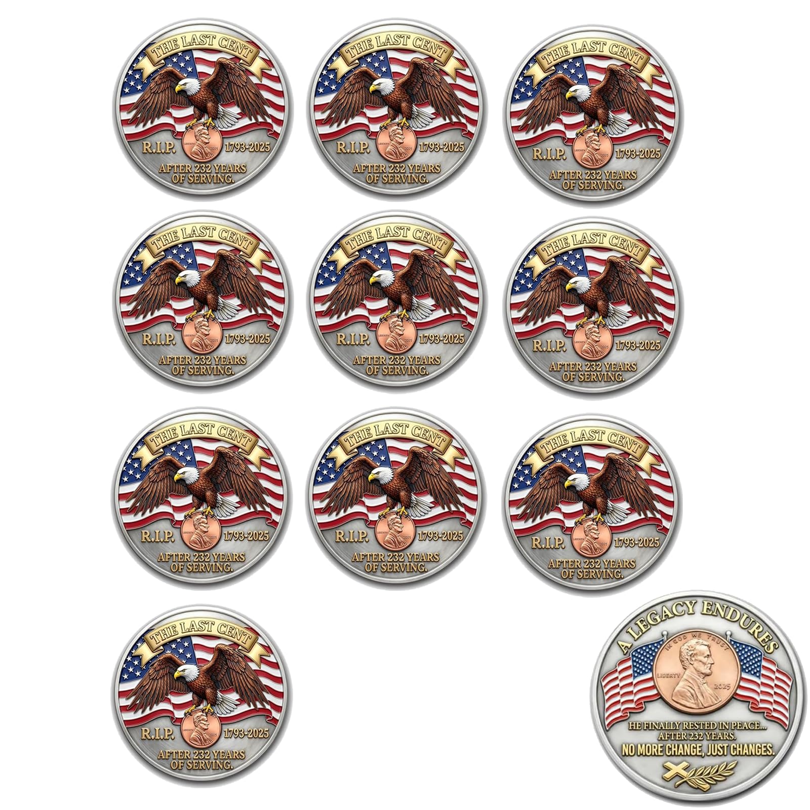 Photo 1 of 10Pcs The Last Cent Collection Commemorative Coin, 1909-2025 Final Penny Tribute, Challenge Coin with American Eagle & Flag