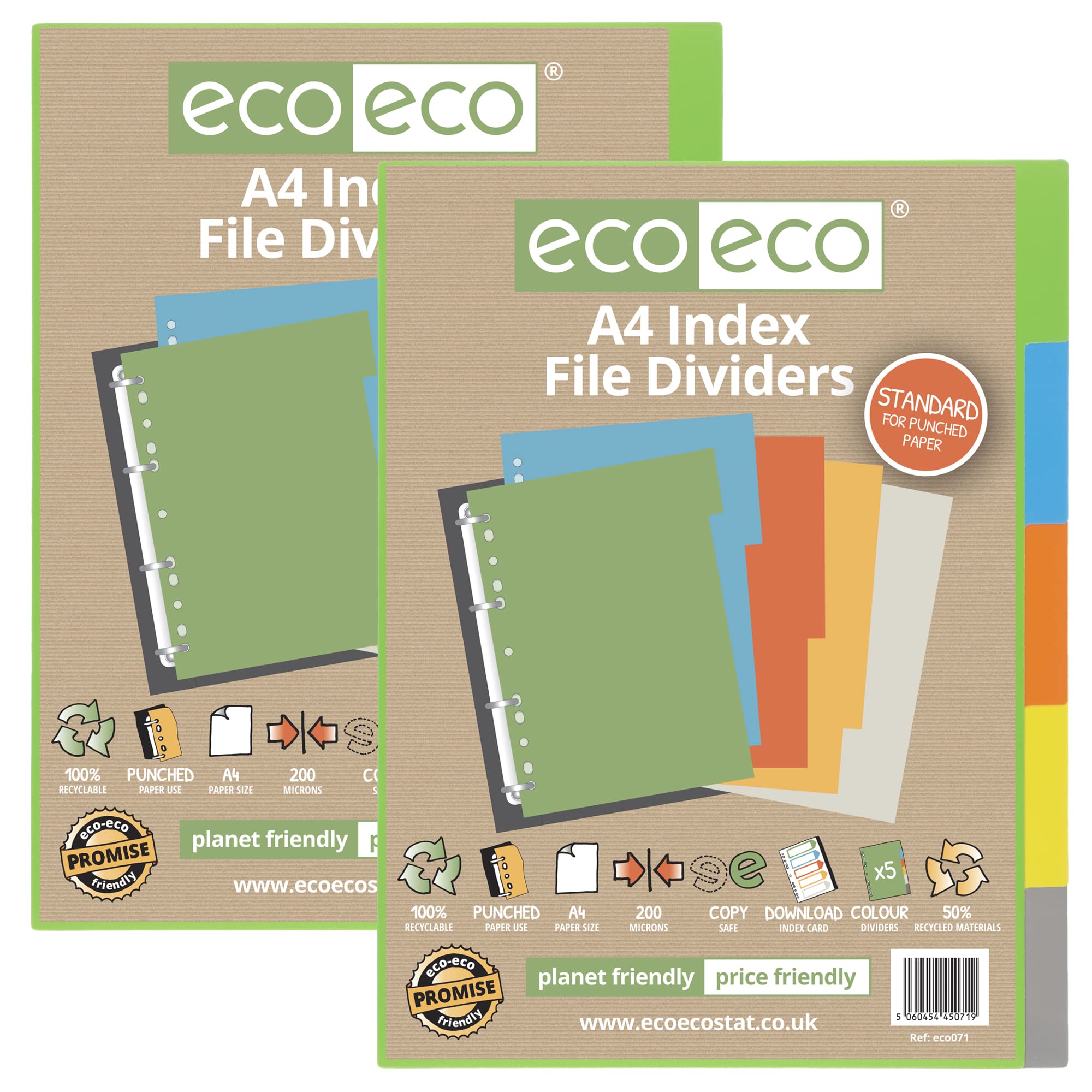 eco-eco A4 50% Recycled Multipunched Reinforced Colour Set 5 Subject Index File Dividers 200mic (Pack of 2)