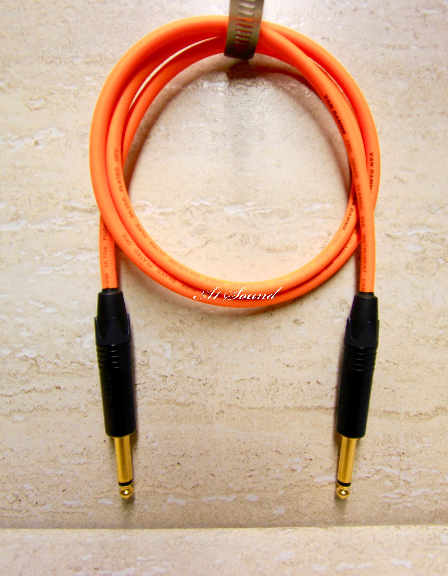 A1 Sound Guitar Intrument Cable, Van Damme Orange Ultra 3 Metre Terminated With Neutrik 6.3 mm (1/4") Mono Jack Plugs Gold Plated With Black Covers.