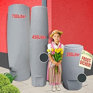 REGENTONNEN SÄULEN 250l / 450l / 700l - das schlanke REGEN-WASSER-FASS! REGENSPEICHER REGENBEHÄLTER. KOMPAKT und PRAKTISCH mit viel Volumen auf KLEINSTER Stellfläche! (450L, Anthrazit)