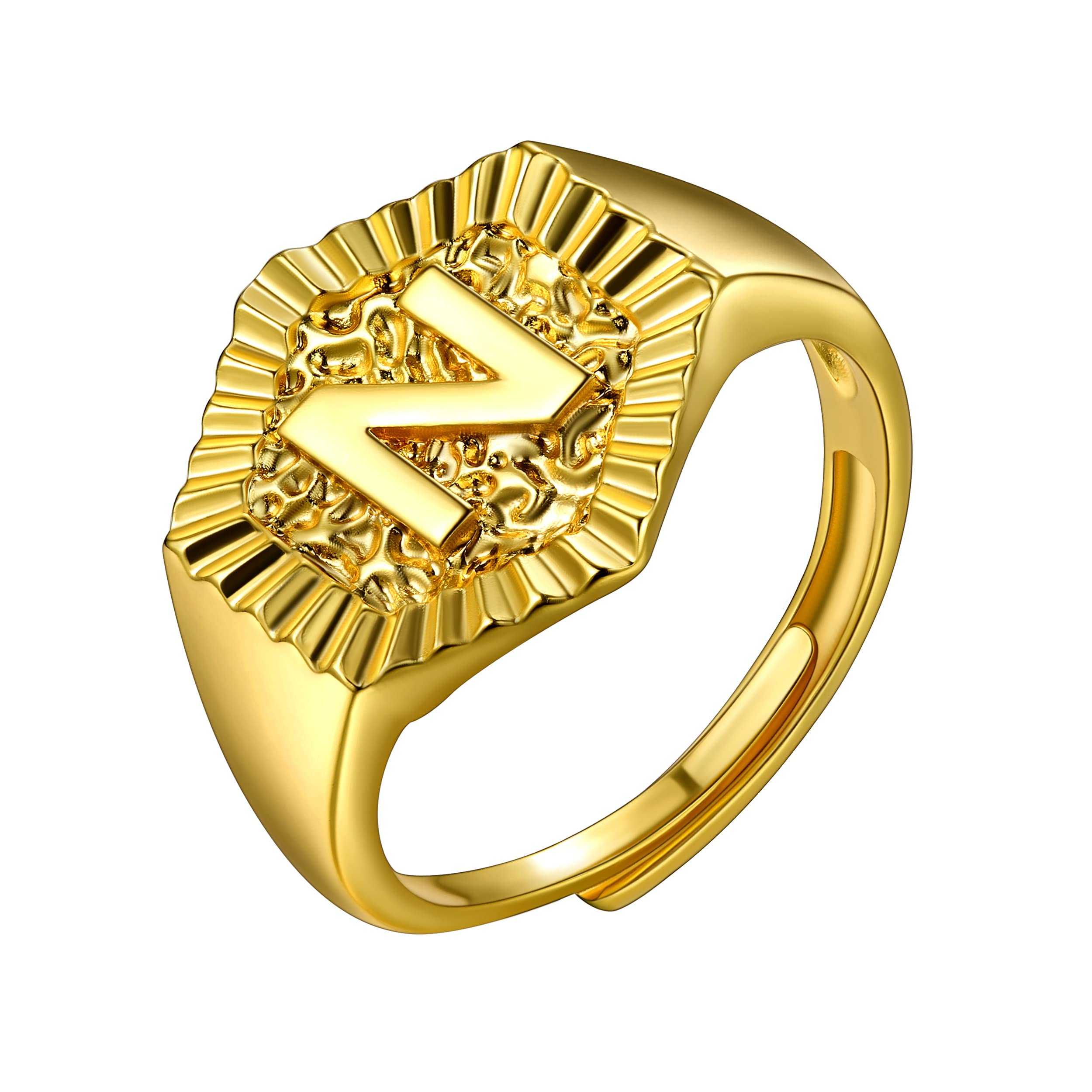 U7 Signet Ring with Letter N, 18K Gold Plated