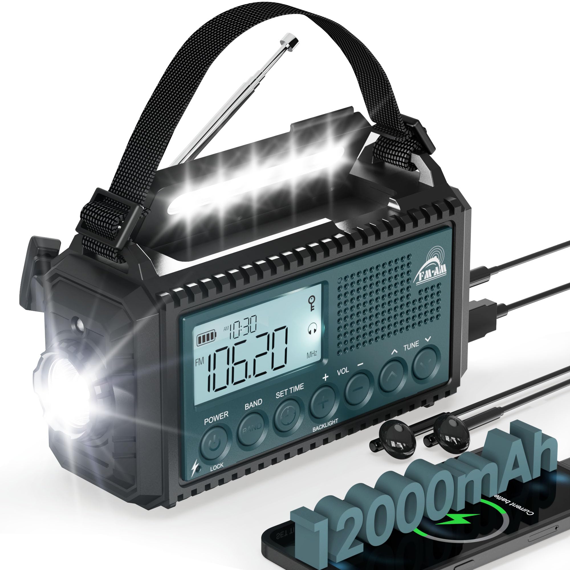 Roxicosly 12000mAh Wind Up Solar Radio with Phone Charger, Portable Emergency Hand Crank Radio AM/FM/SW with LED Torch & Reading Light, SOS Alarm, IPX6, Headphone Jack for Camping,Hiking
