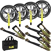 KJE 4 Pack Car Tie Down Straps for Trailers - Tire Ratchet Strap with Flat Hooks - 2" x 10' 10,000LBS Break Strength - Lasso Style Wheel Straps for Hauling UTV, SUV, Any Cars